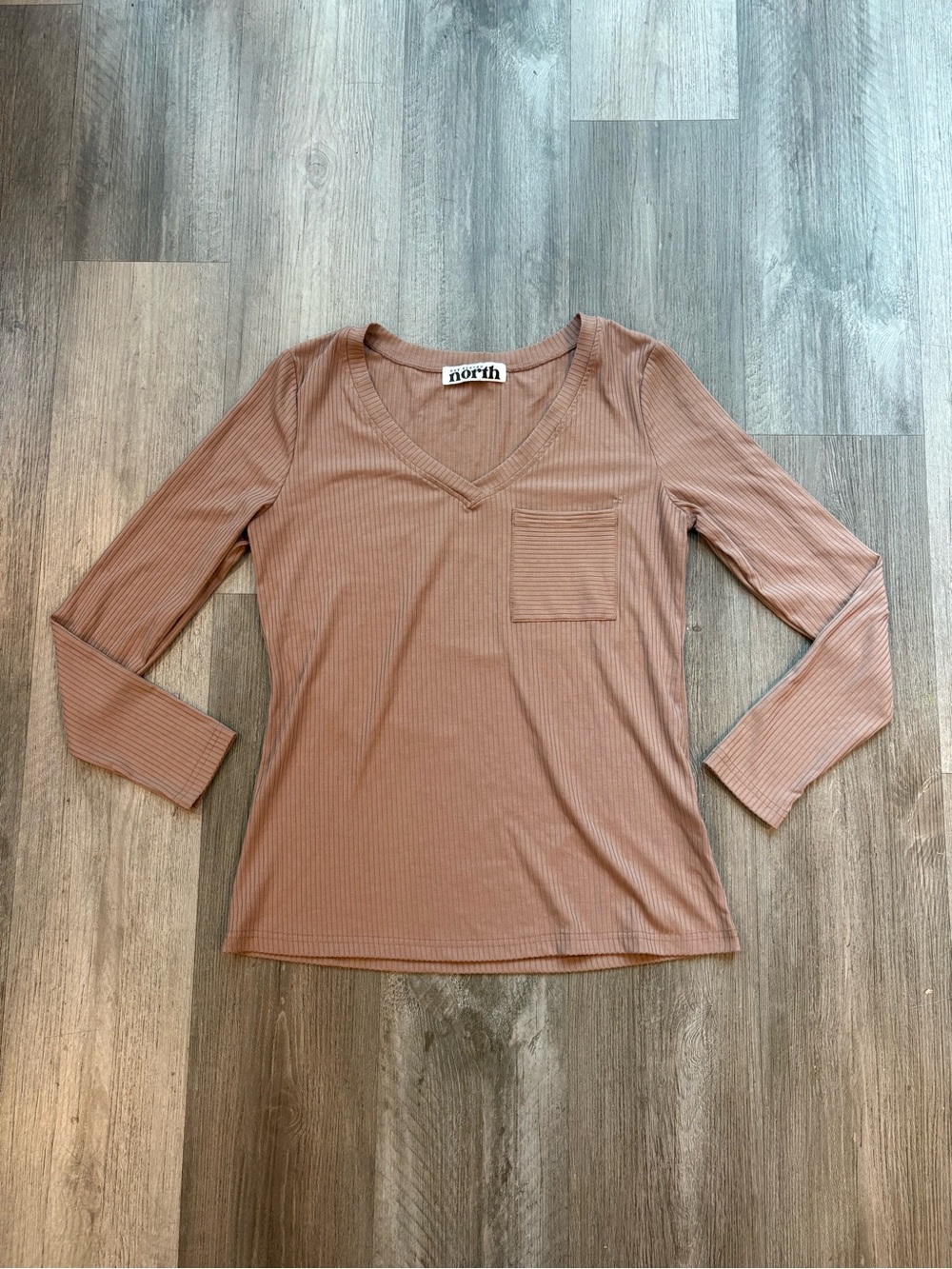 One Eleven North Brown Ribbed V Neck Long Sleeve Top L